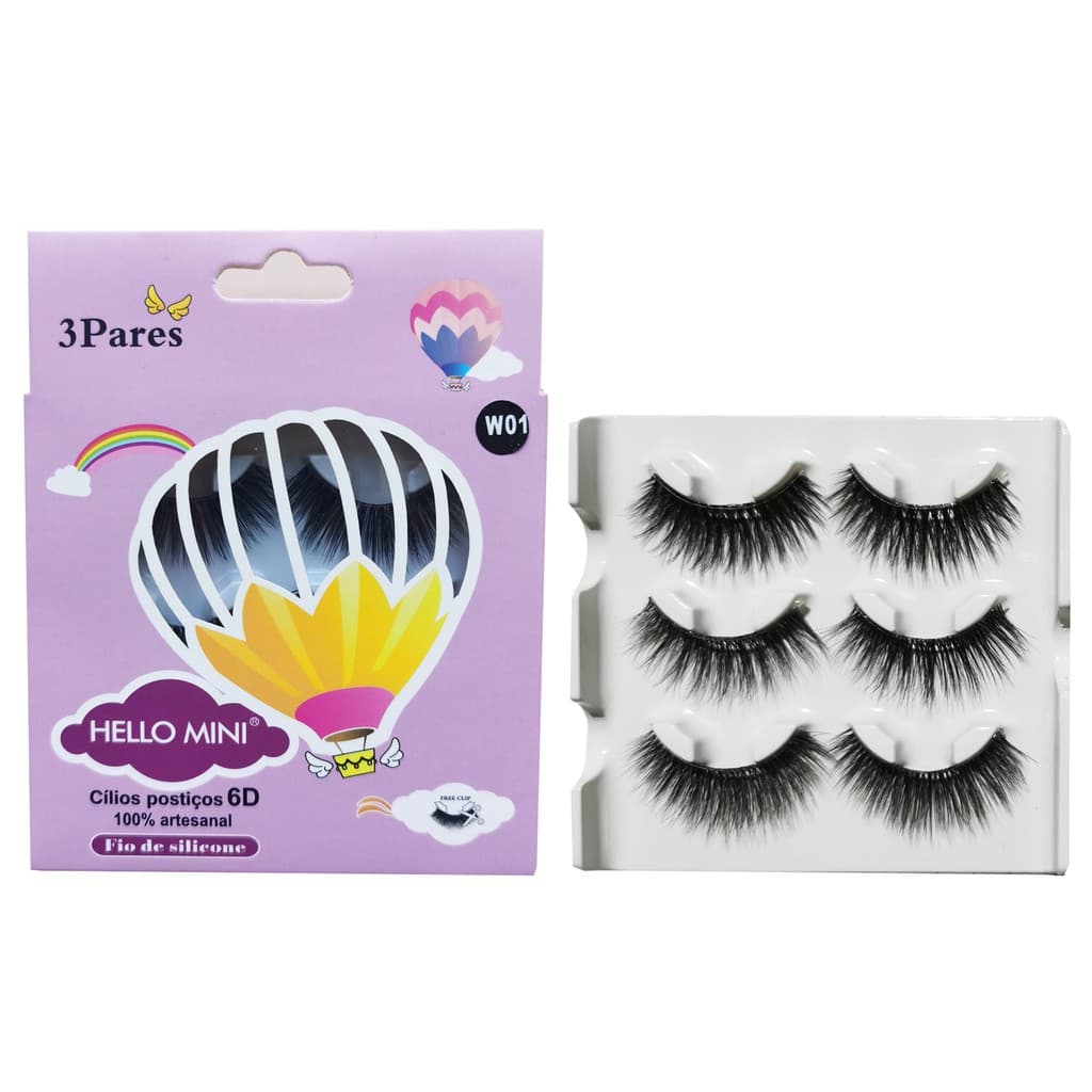 Cílios Postiços 6D Hello Mini Fio de Silicone 3 Pares  -CL278-1