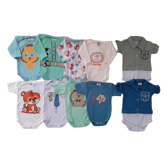 Kit 10 Bodys Bebê  Maternidade Enxoval Menino Manga Longa e Curta
