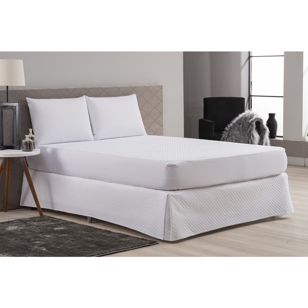 Kit Protetor de Colchão Impermeável + Saia Cama Box Queen Branca