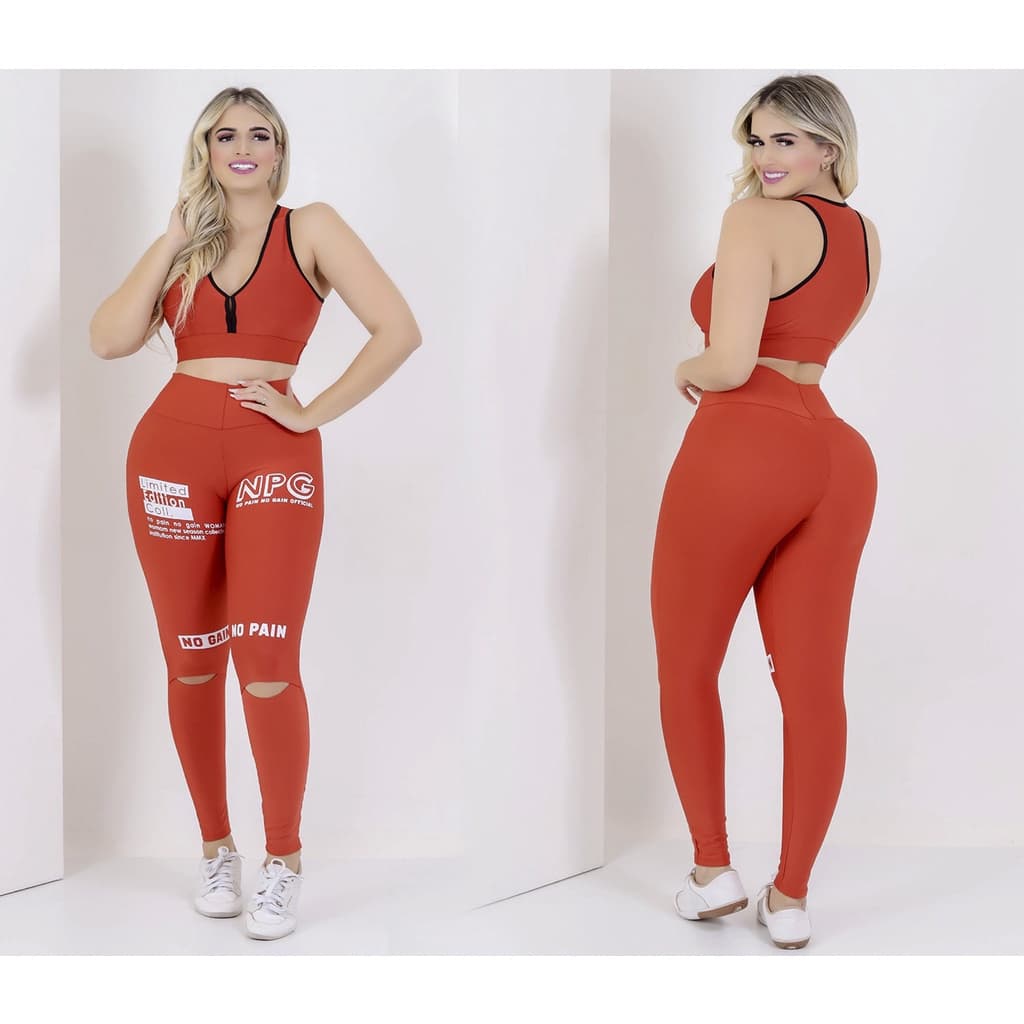 Conjunto Feminino Academia Fitness Calça Legging Rasgado Joelho  + Top Nadador Academia Sem Bojo