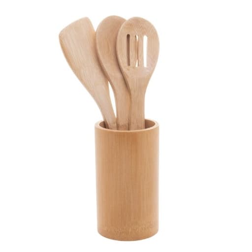 Conjunto 3 Utensílios e Suporte em Bambu