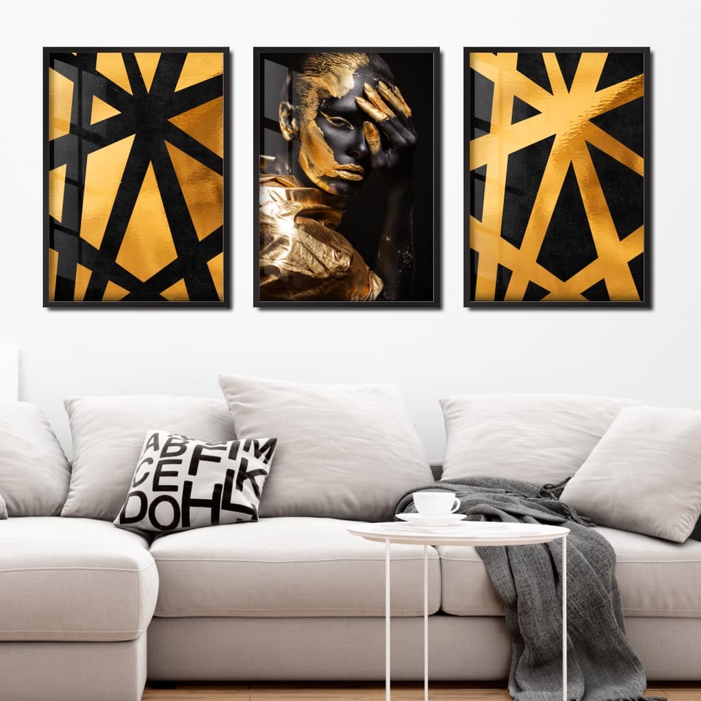 Quadros decorativos geométrico preto e dourado