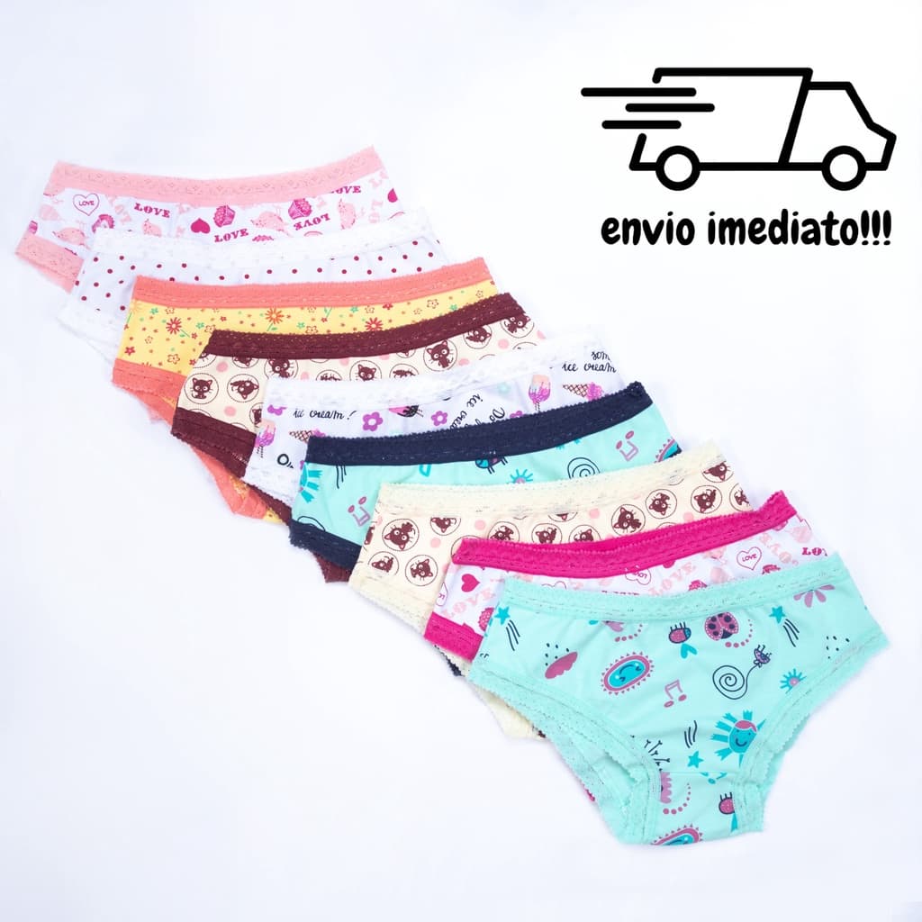 Calcinha Infantil Criança Algodão Cotton com Renda Kit 8 peças REF 501