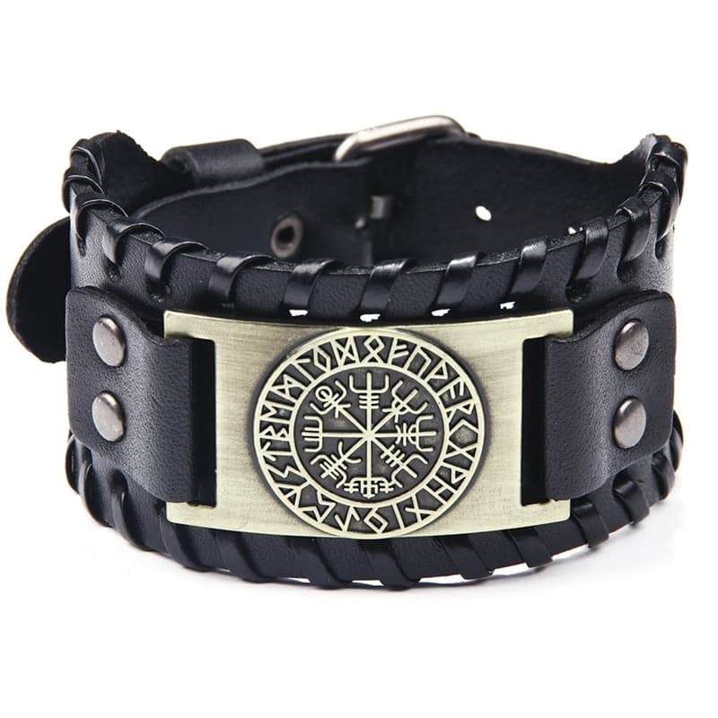 Joia / Pulseira Masculina De Couro Largo Estilo Pirata Com Compasso Em Aço Inoxidável
