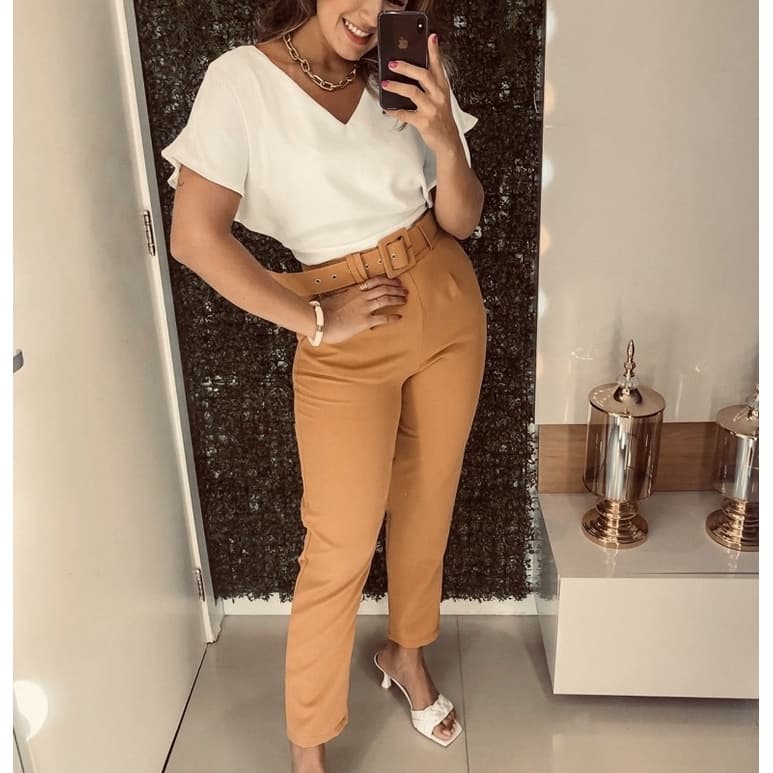 Calça Alfaiataria Feminina Social Com Cinto Bolsa Blogueira Tendência Moda!!