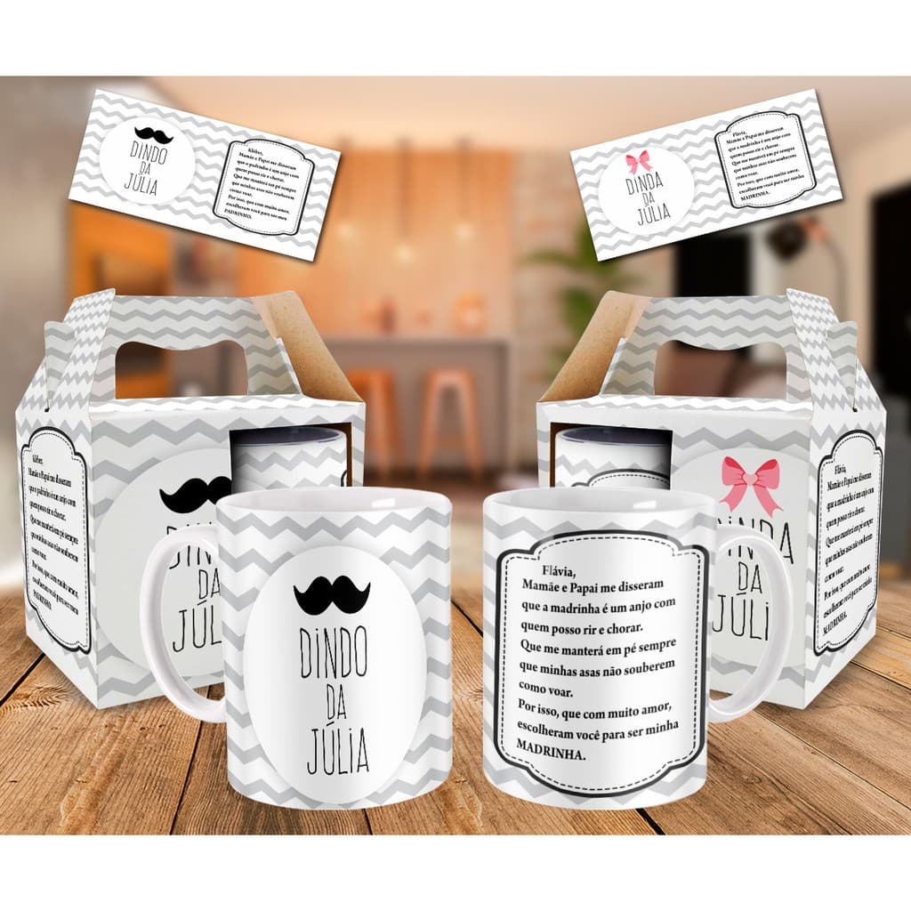 Kit 2 canecas Batizado Dindo e Dinda + Caixinhas
