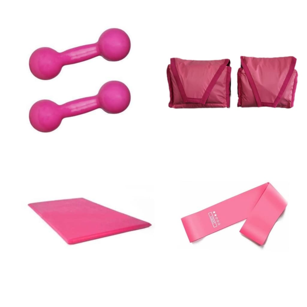 Kit Fisioterapia Completo Par Halter Rosa 1 Kg Peso Emborrachado + Par Caneleira 2 Kg Rosa + Colchonete + Elástico