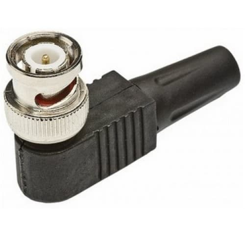 Conector BNC Macho para Solda Angulado 90 Graus com Parafuso. Conector em metal e capa de proteção em plástico. Plug BNC Macho. Possui capa de proteção angulada 90 Graus para proteção do cabo.