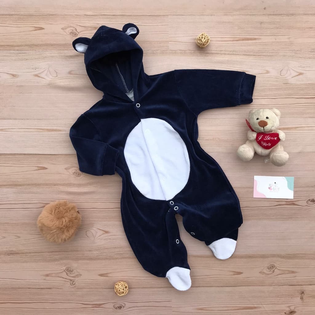Macacão de Plush Bebê Recém Nascido com Capuz de Orelhinha de Urso