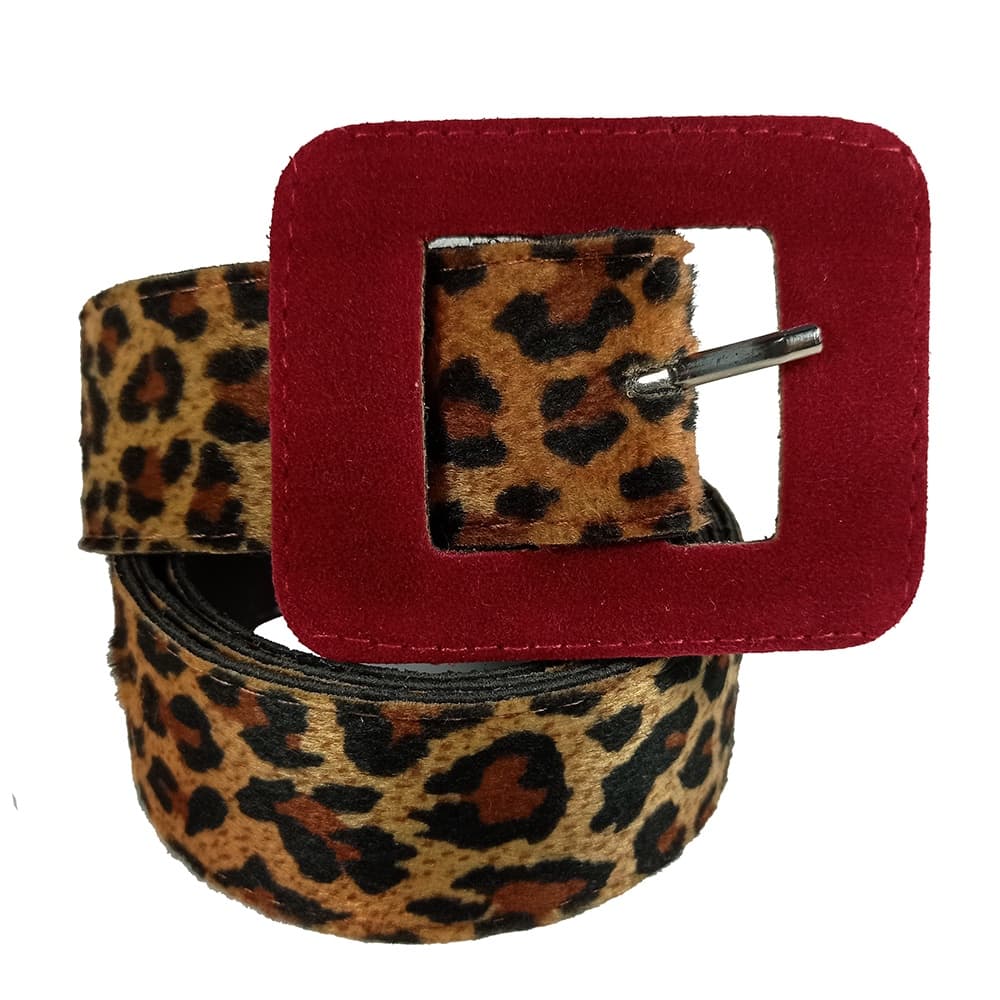 Cinto Feminino Largo Animal Print Onça Com Fivela Quadrada Acamurçado