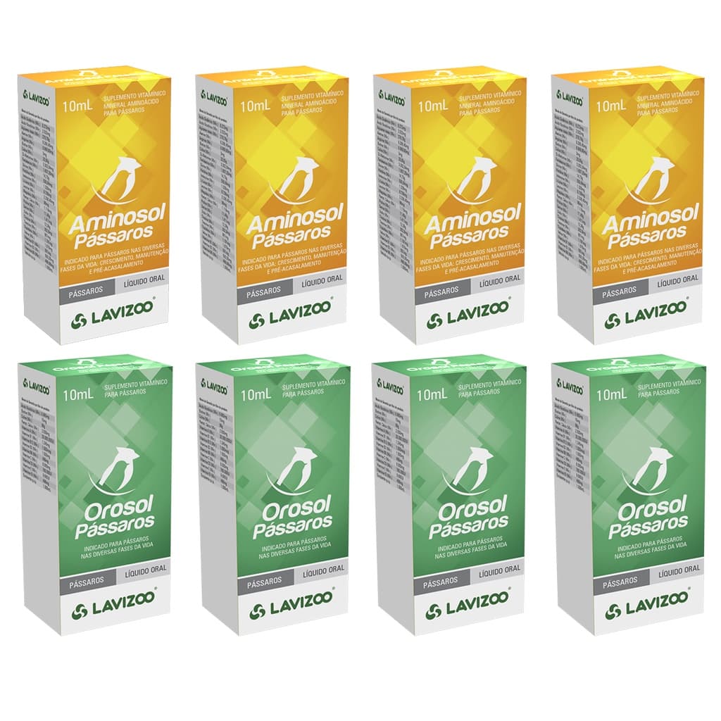 Kit c/ 04 Aminosol Pássaros 10ml e 04 Orosol Pássaros 10ml Lavizoo Suplemento de Vitaminas para Pássaros