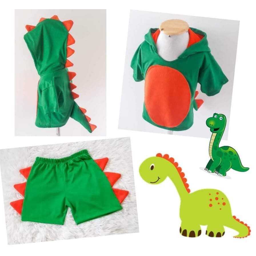 Fantasia Dino (conjunto Dinossauro) Camiseta E Bermuda Verde e Laranja