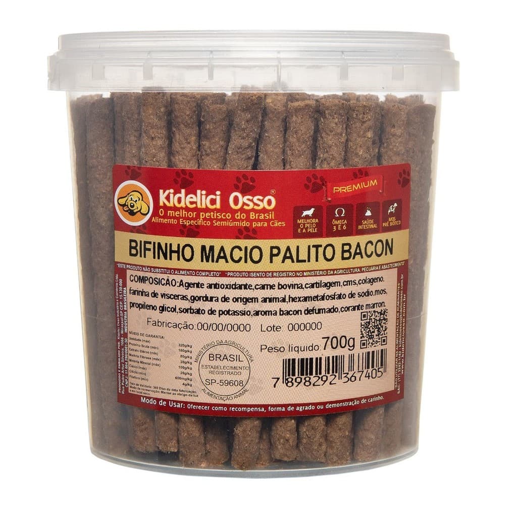 Bifinho Macio Palito - Kidelici Osso - Sabor Bacon - 700g (Pote)