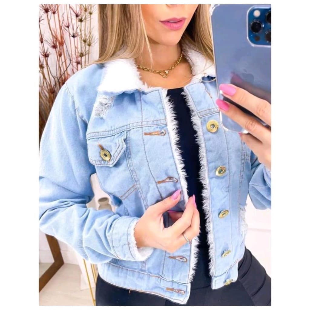 Jaqueta Jeans Com Pelinho Casaco Feminino Lã Pelucia Inverno Jaqueta jeans pelinho jaqueta feminina