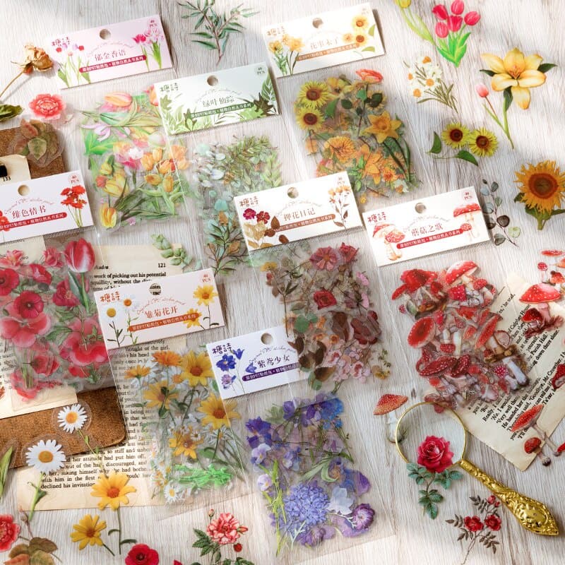 Journamm 40 Unidades / Pacote Série Flor Pet Adesivo Decoração Scrapbooking Estacionario Junk Journal Estética Diy Adesivos Criativos