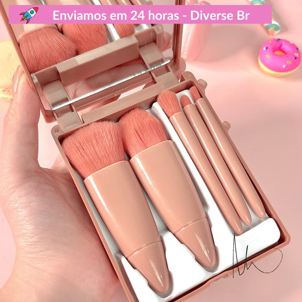 5 pçs Pincéis de Maquiagem Conjunto Portátil Multi-função Alça Cabo Curto Kit de Escova de Maquiagem Pó Base com Estojo espelho - Envio Imediato
