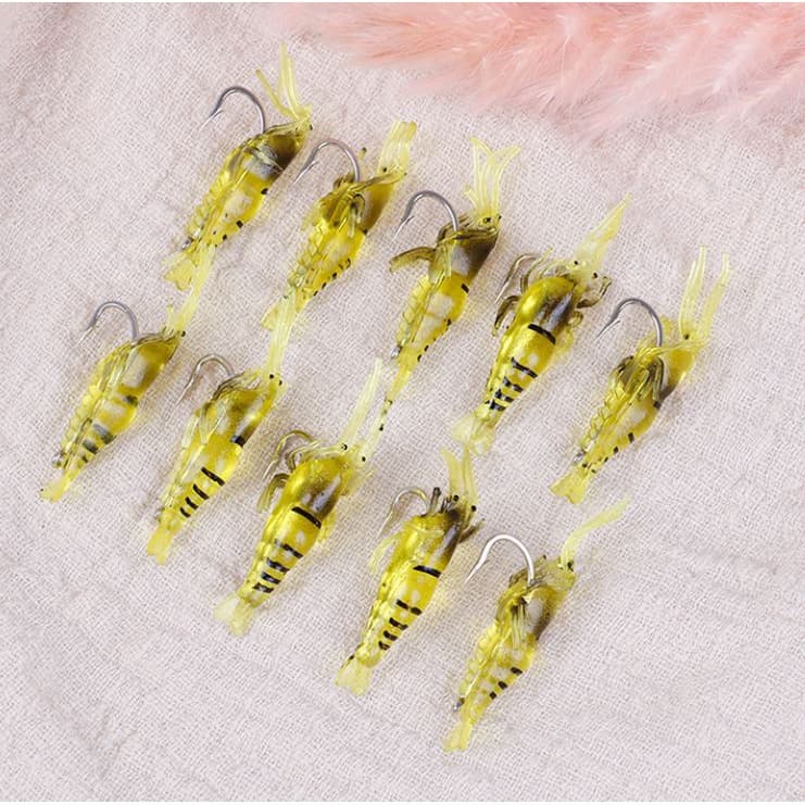 10 Isca Camarão Artificial Amarelo 4 cm Com Anzol