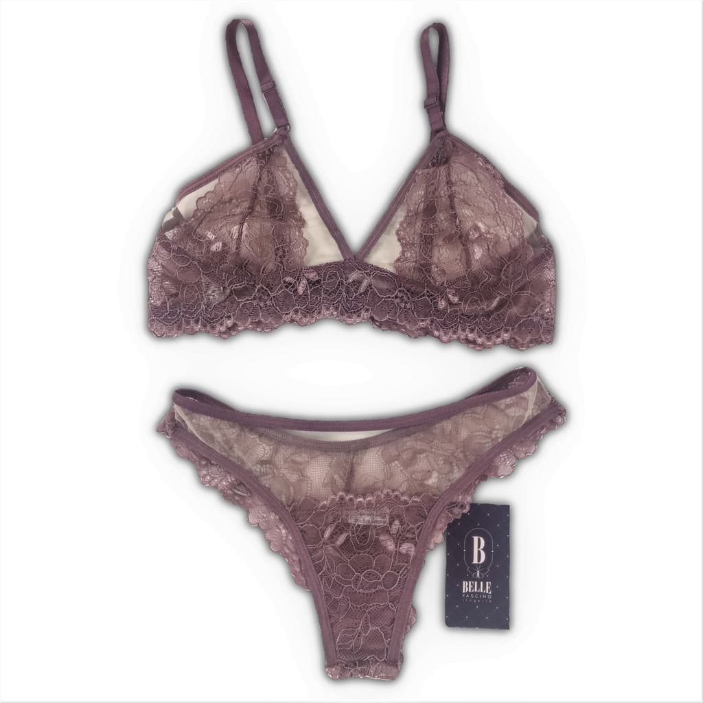 Conjunto Tule Sutiã sem Bojo Calcinha Fio Dental Detalhes em Renda 0117