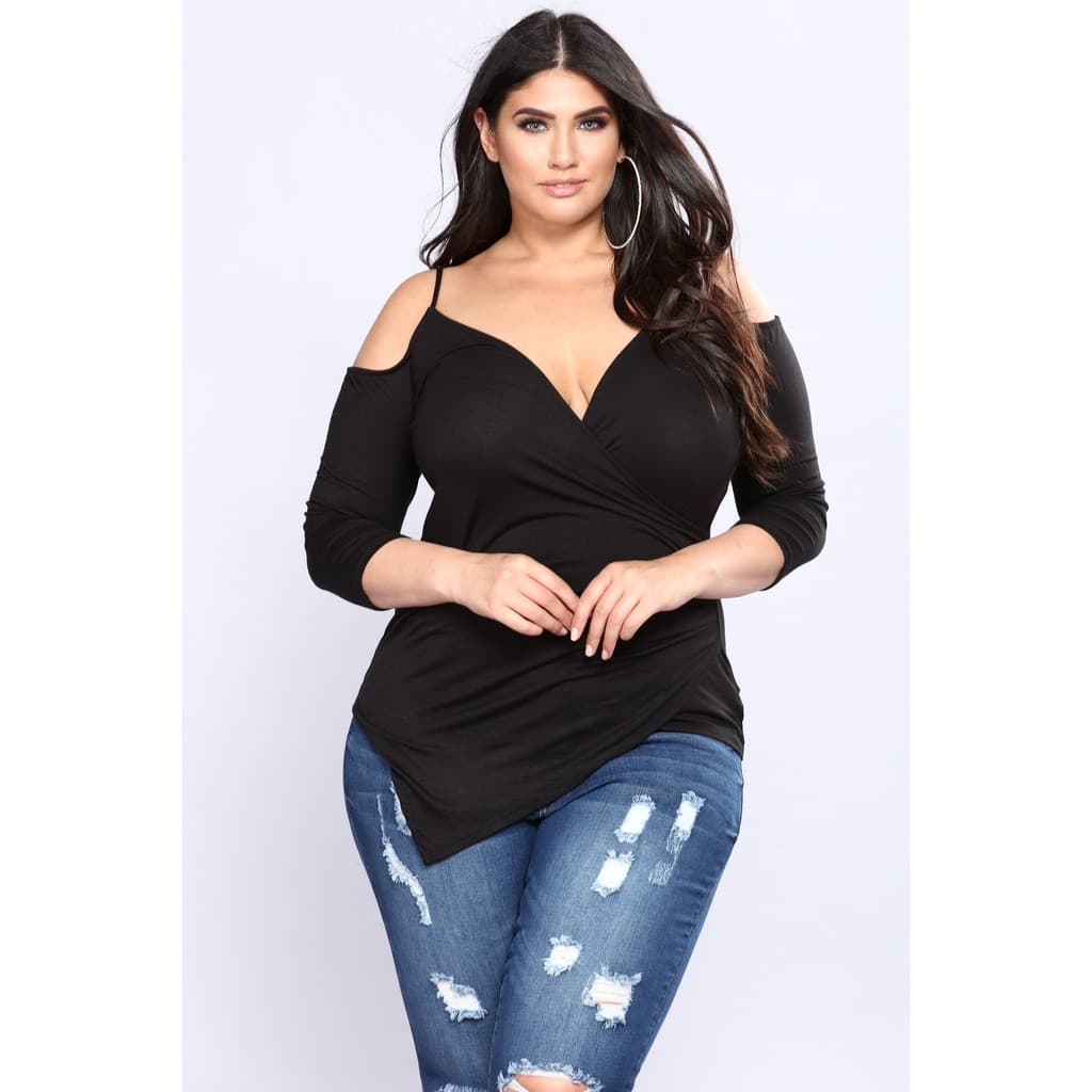 Blusa Manga 3/4 Decotada Moda Plus Size Roupas femininas Tamanhos Grandes