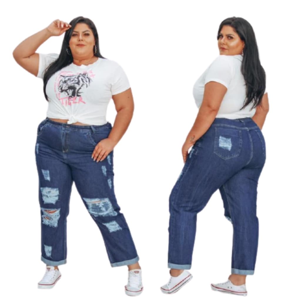 CALLÇA JEANS FEMININA CINTURA ALTA PLUS SIZE RASGADA DESTROYED