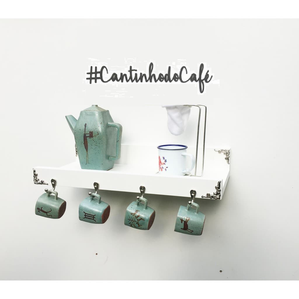 Prateleira mdf Branco para CANTINHO DO CAFÉ PARA DECORAÇÃO  40 cm e 4 ganchos