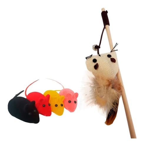 Brinquedo Varinha Para Gatos E 4 Ratinhos Com Apito