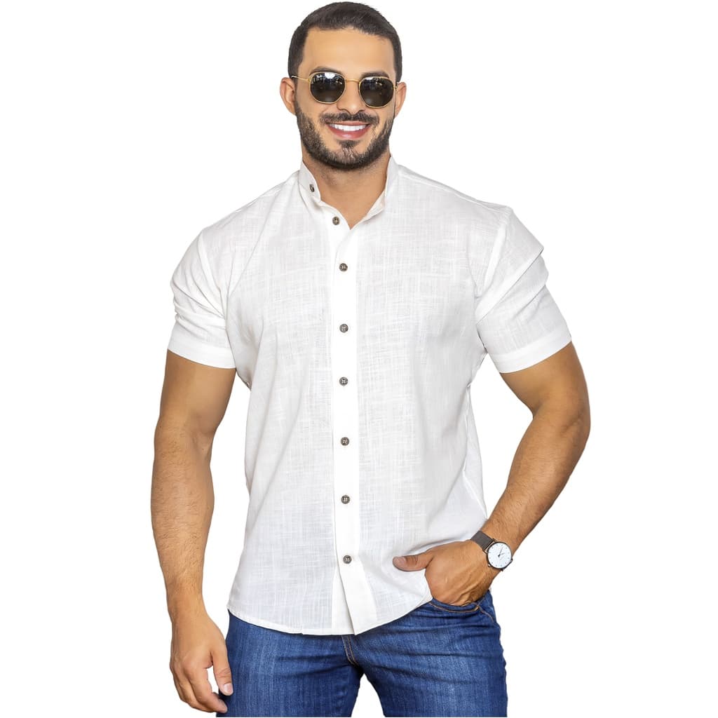 Camisa Social Masculina Gola Padre Linho Qualidade Luxo Promoção Moda Tendência