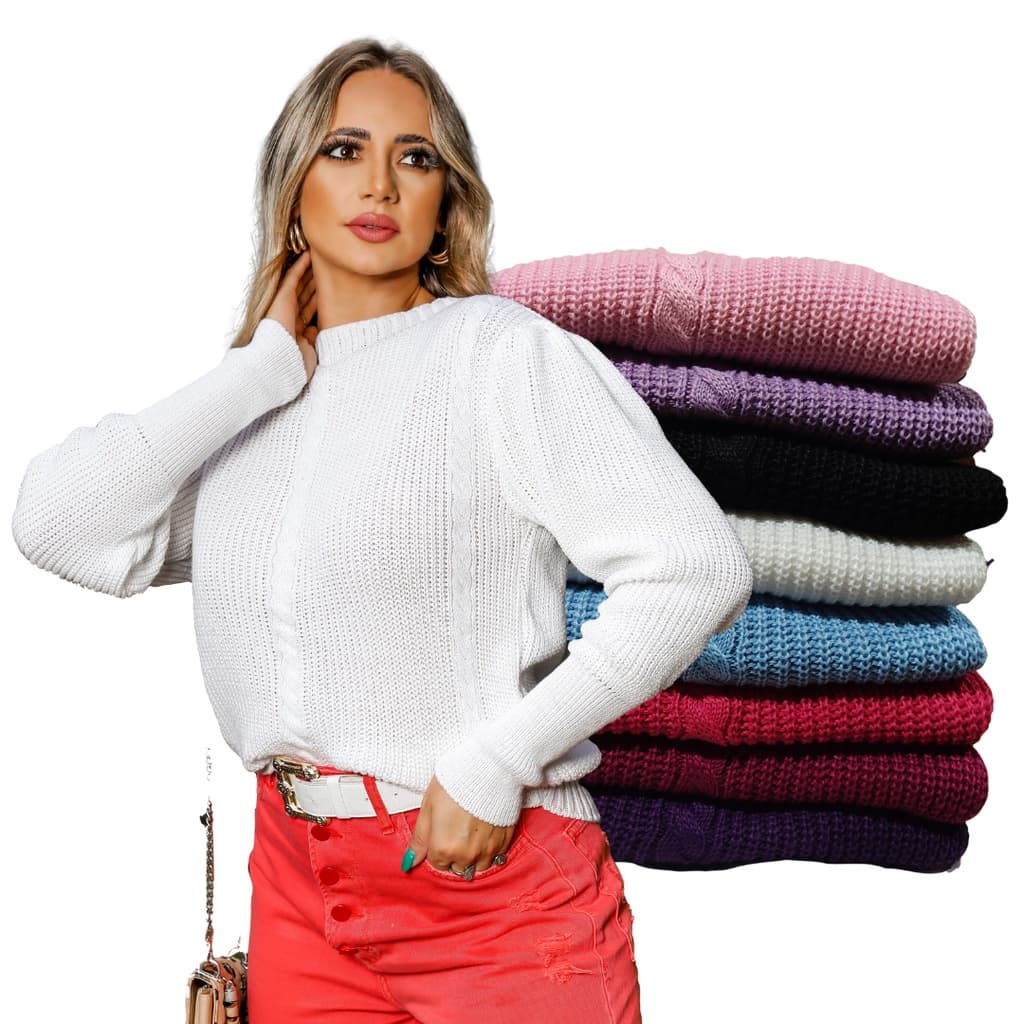 Blusa Manga Longa Bufante Modal Tricot Trançado Inverno