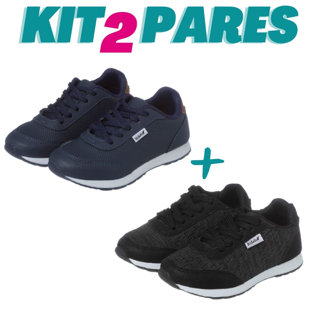 Kit 2 Pares de Tênis Infantil Masculino Menino Jogging Marinho e Preto Kidstep