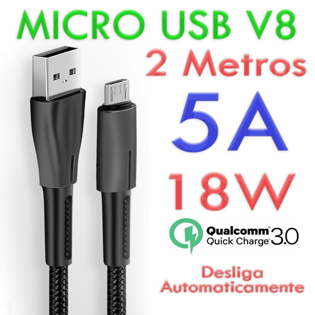 Cabo Inteligente Carregador Micro Usb Turbo 2m 5A 18W 2 Metros