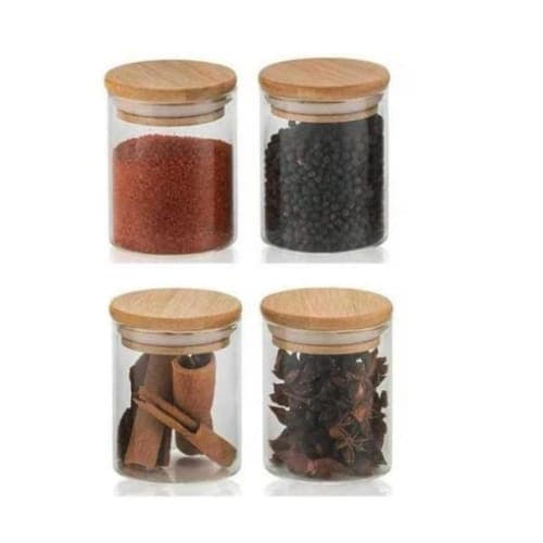 Kit 4 Potes Hermético de Vidro Com Tampa de Bambu Para Temperos Biscoitos Cereais e Castanhas 200 ML