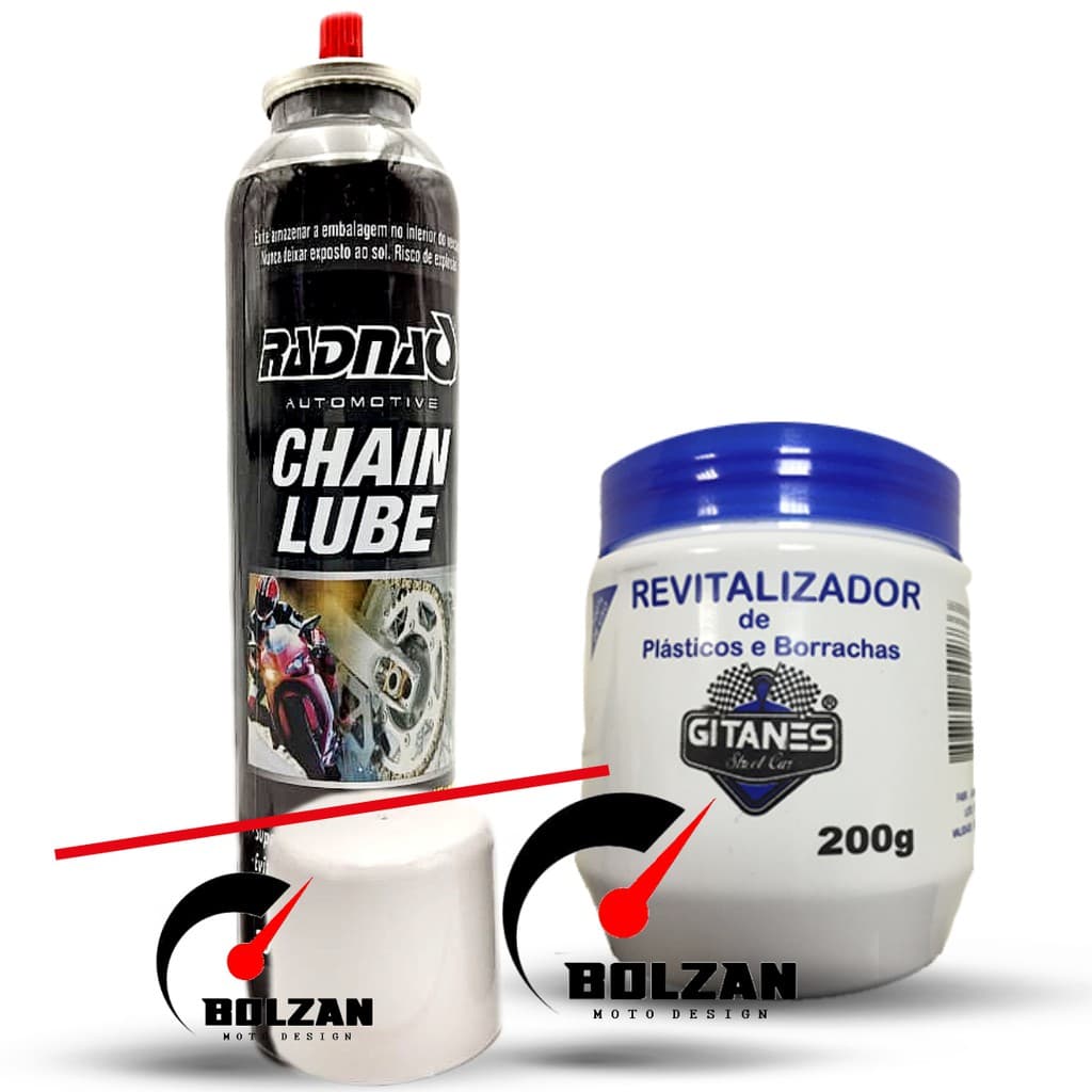 Lubrificante Graxa Spray Para Correntes Transmissão De Motos - 300ml Radnaq + Revitalizador de plásticos e borrachas - 200g Gitanes