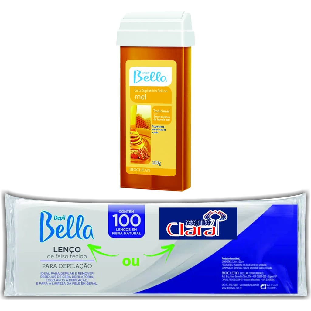 Kit Depilação Econômico 1 Refil Cera Rollon Mel e 1 Papel Cortado com 100 folhas Depil Bella