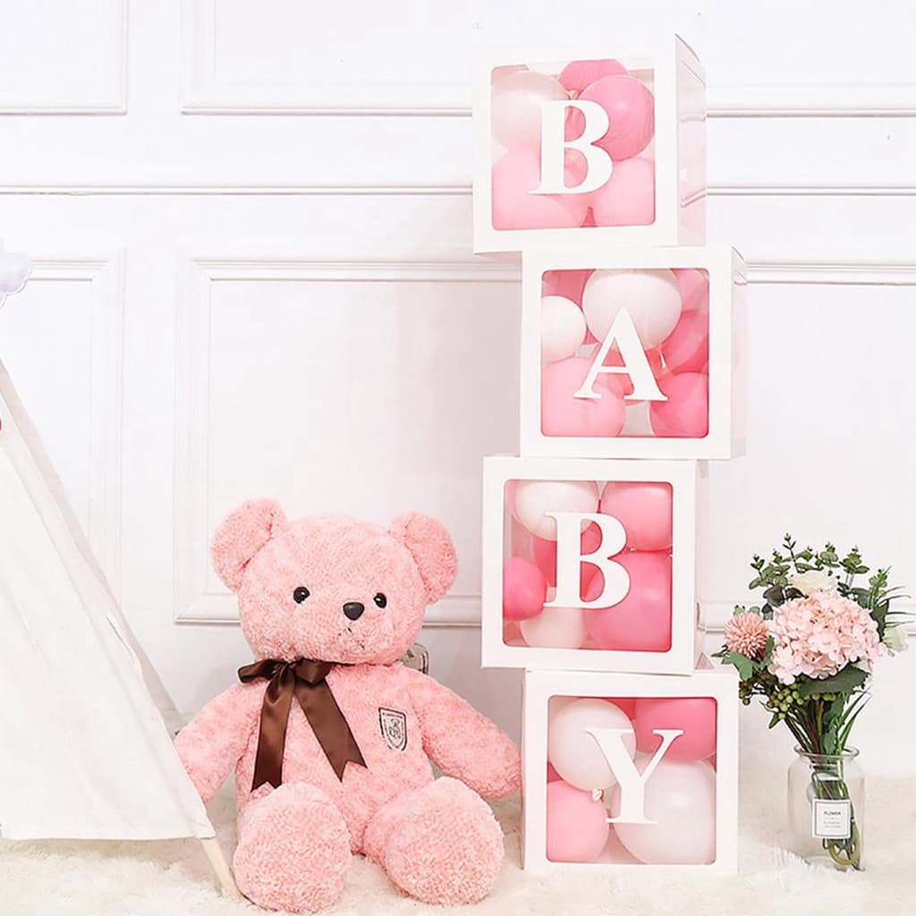 Huiran Caixa de chá de bebê Decorações de festa Caixa de balão transparente Decoração com letras Design de bloco de cons