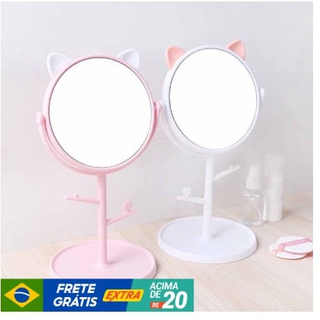 Espelho Mesa penteadeira Orelhinha de gatinho com porta maquiagem bijuterias
