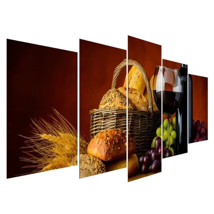 Promoção Quadros Decorativos Santa Ceia Vinho Cozinha Mosaico 5 Peças