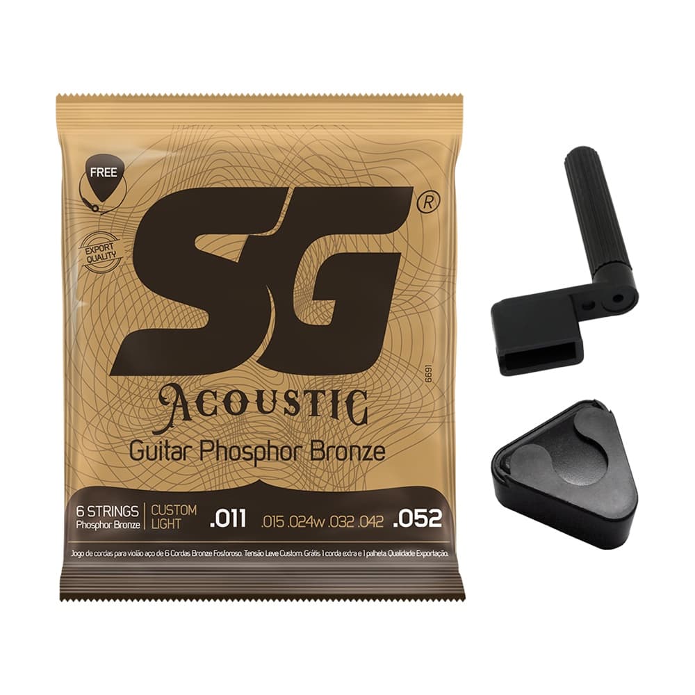 Kit Encordoamento SG Violão Aço 011 Phosphor Bronze + Encordoador + Porta Palhetas