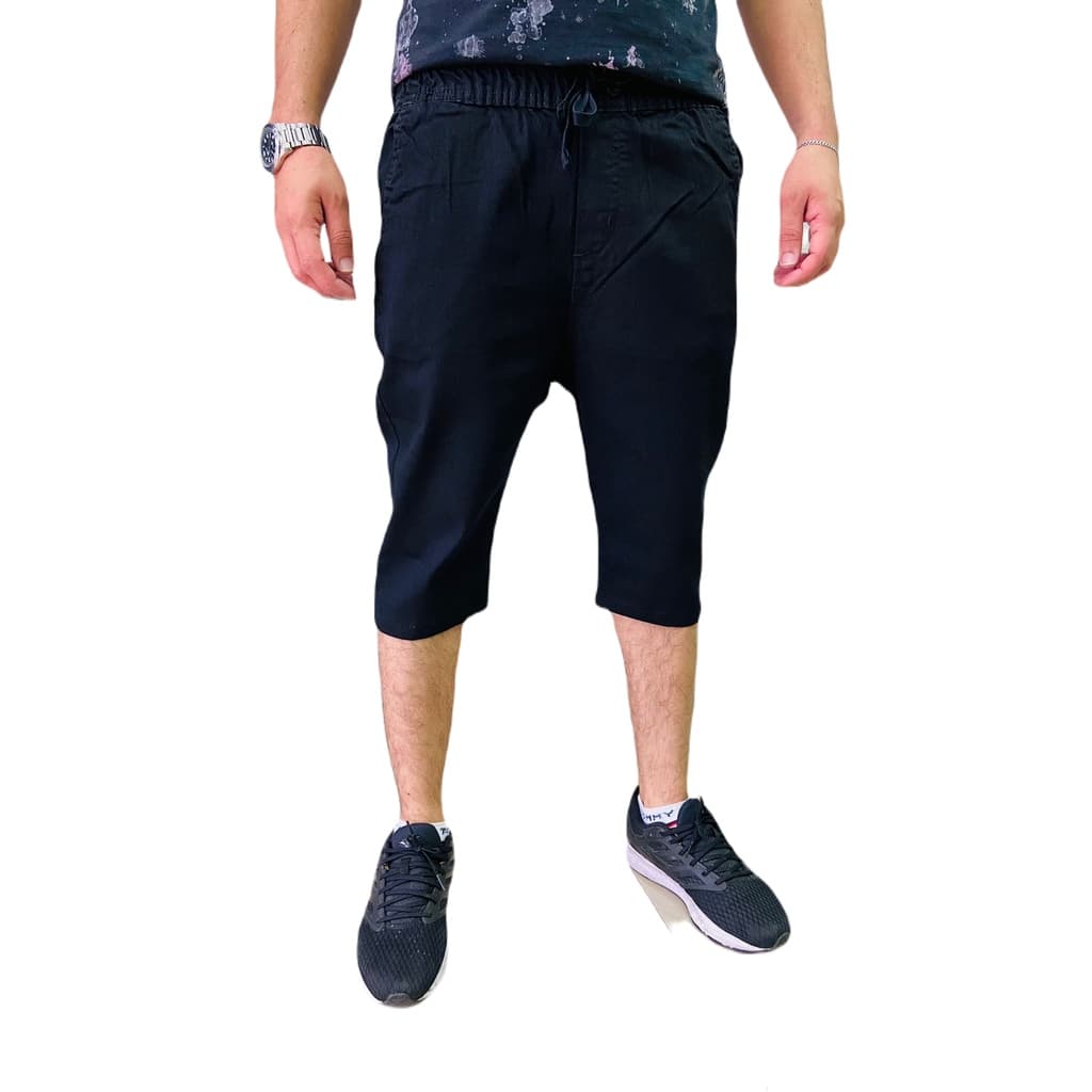 Bermuda Preta De Sarja Masculina com Elastano Preta, Bermuda Jogger com Elastico e Cordão na Cintura