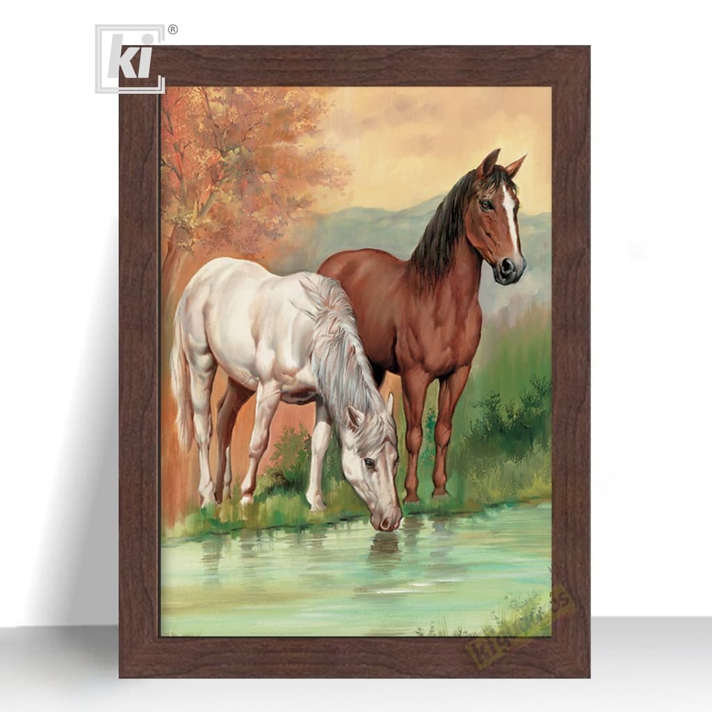 Quadro Decorativo Cavalos Bebendo Água Rio Campo 44cm