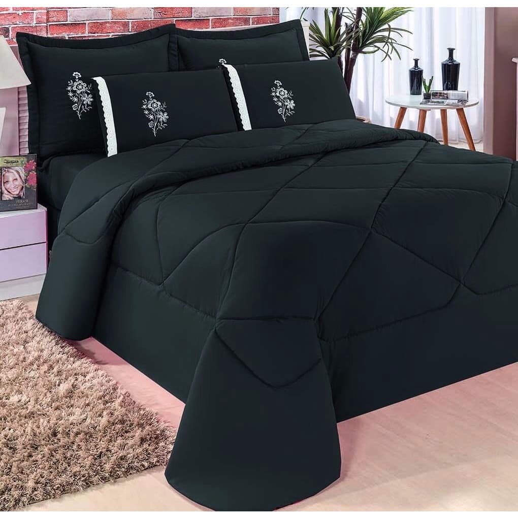 Kit 6 peças para cama Queen Conforto Bordado Edredom + Jogo de Lençol