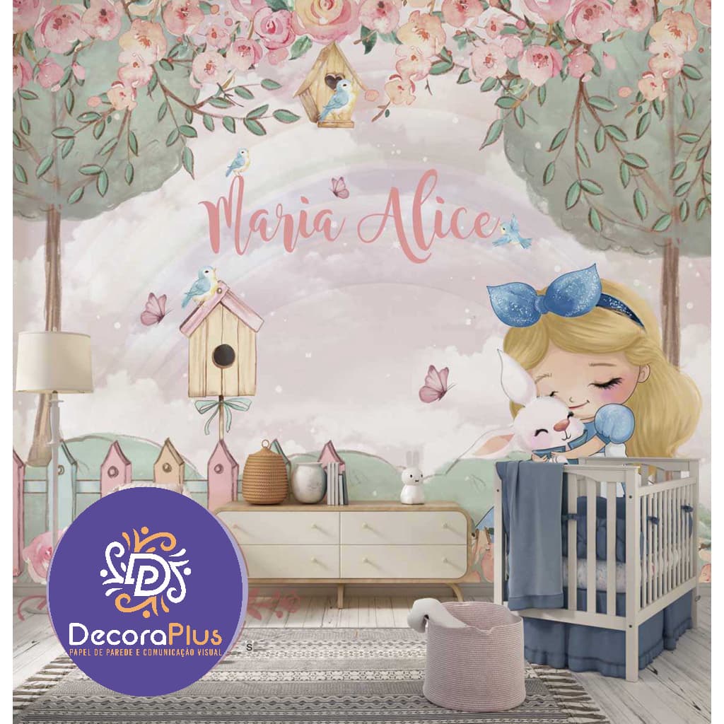 Papel de Parede Foto Mural Personalizado Infantil Nome Personalizado De Alice no Páis das Maravilhas