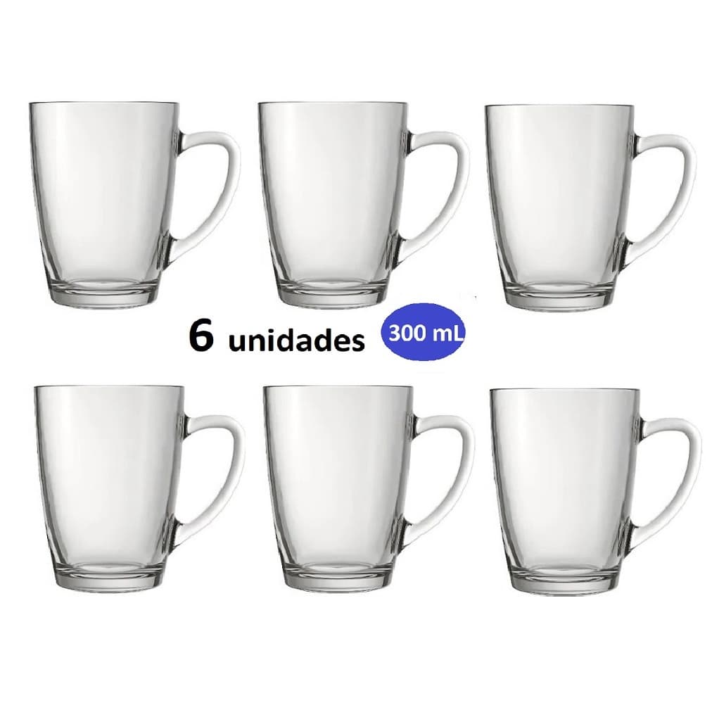 Jogo de 6 canecas 300ml, p/cappuccino, vidro, Tarsila.