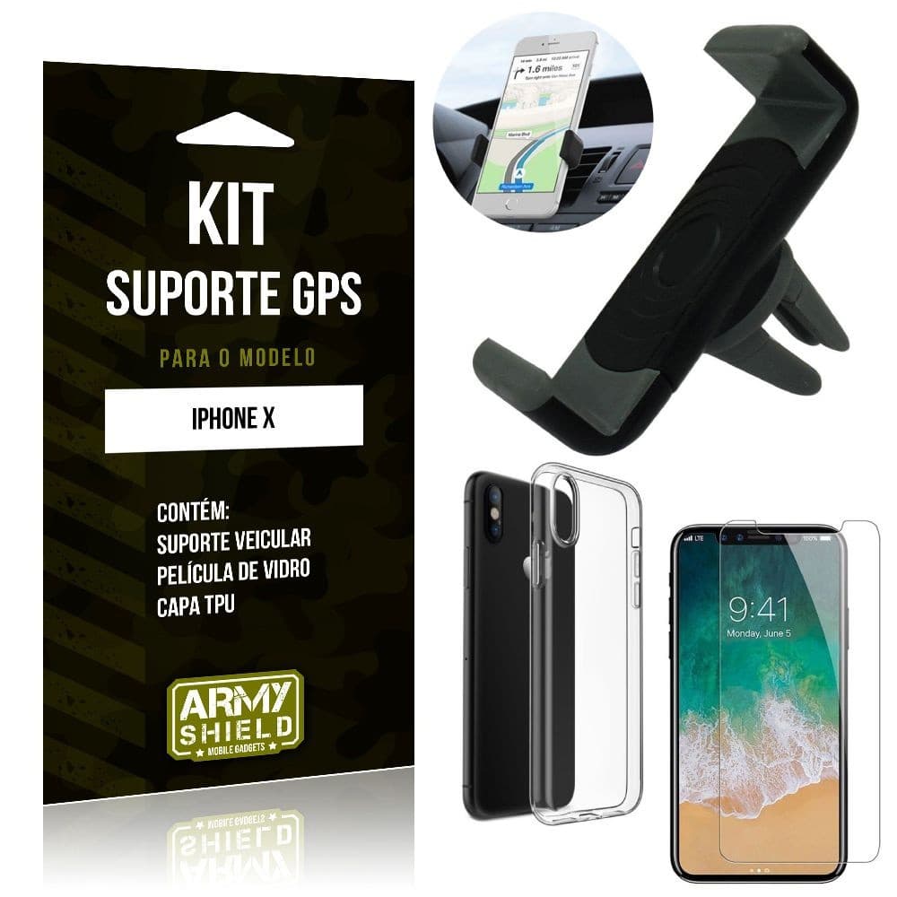 Kit Suporte Veicular Apple iPhone X Suporte + Capa + Película de Vidro - Armyshield