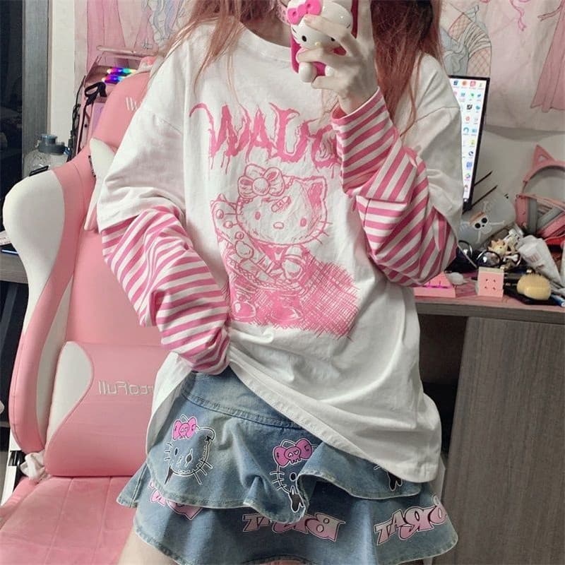 Sanrio Camiseta Folgada Feminina Hello Kitty Jk Kt Verão