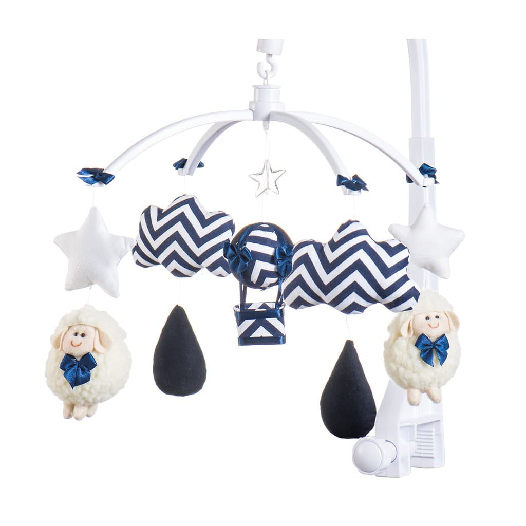 Móbile Berço Bebê Musical E Giratório Ovelinha Azul Marinho Envio Imediato