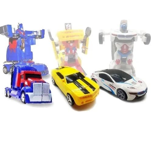 Kit 3 Carrinhos Bate E Volta Vira Robô Luz/som Transformers