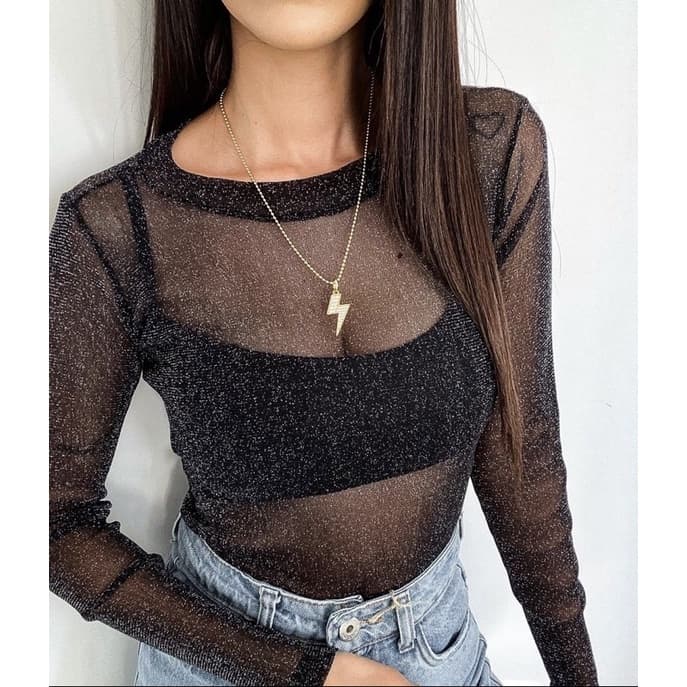 Body Tule Lurex Transparência preto com brilho RISCO Transparente Manga longa