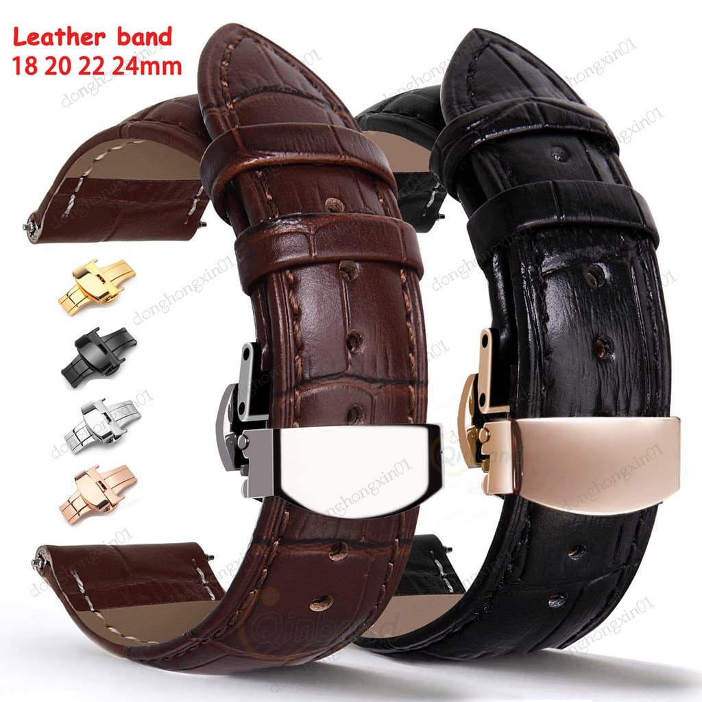 Geniune Pulseira De Couro Dourado Prensa Dupla Fecho Borboleta 18/20/22/24mm Preta Marrom Para Homens Mulheres Negócios