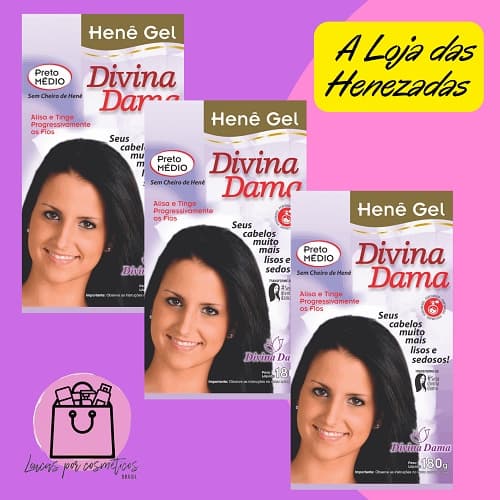 Kit 3un. Henê DIVINA DAMA POUCH 180gr MÉDIO  - HENÊ PERFUMADO - Alisante para cabelos, Seus Cabelos Lisos e Pretos sem Formol e sem Chapinha - EFEITO LISO NATURAL