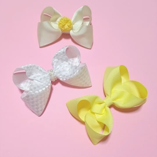 Kit 03 Laços - Amarelo, Branco e Creme - Lacinhos com Bico de Pato - Laço Infantil para Cabelo Menina